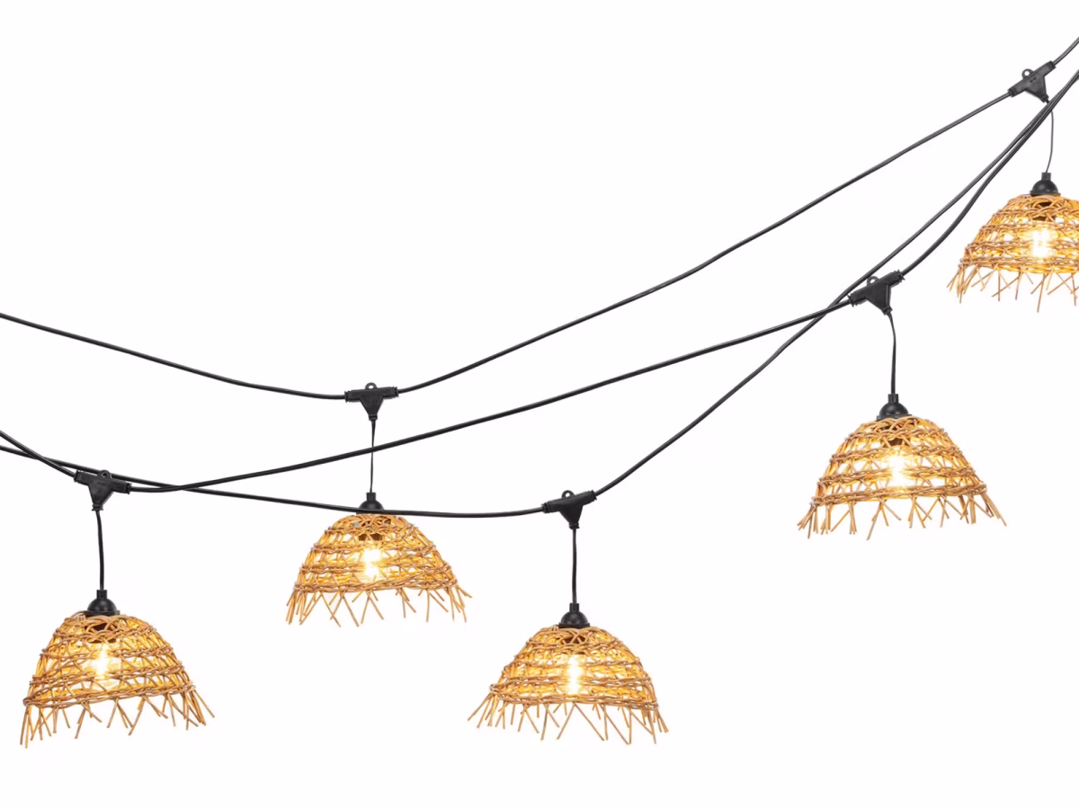Føro Boho Lichterkette – Set mit 10 m Länge, 10 LED-Lampen und 10 geflochtenen Lampenschirmen – warmweiß
